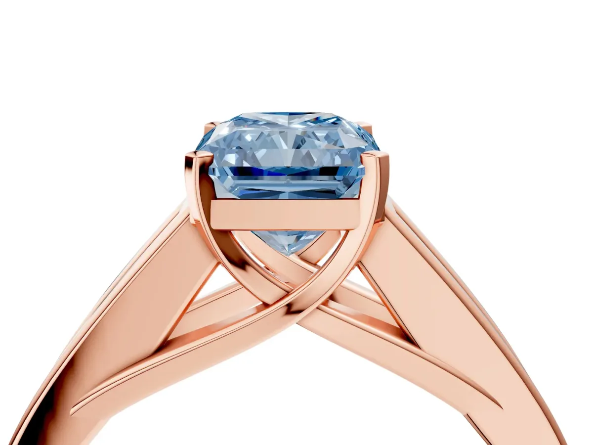 Fancy Blue Radiant Cut Cut Channel Set Solitaire Ring with Four-Prong Setting Rose gold