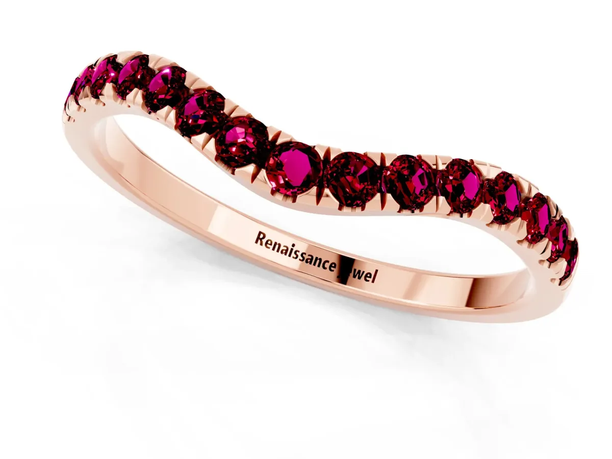 Curved Pavé Round Garnet Wedding Band with Shared Prong Setting Rose gold