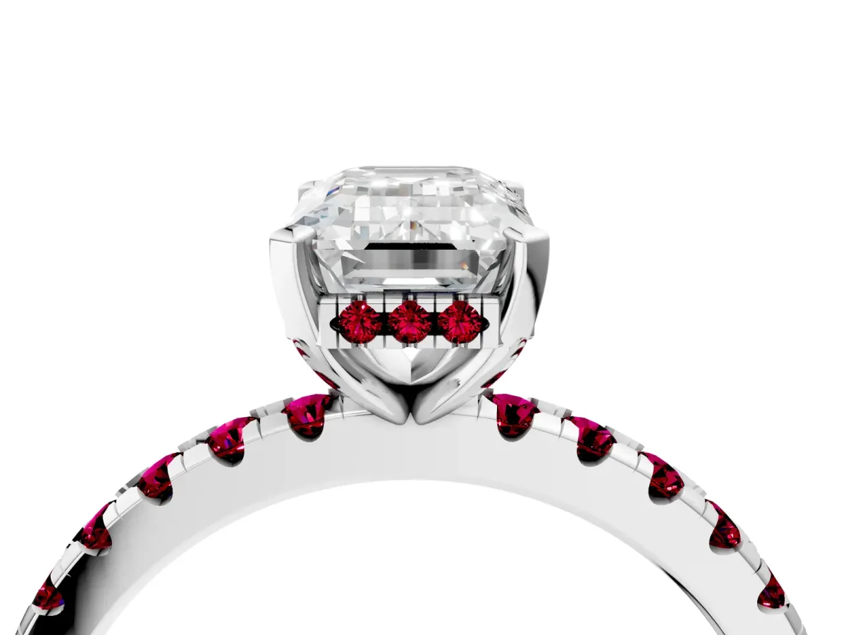 Emerald Cut Diamond Solitaire Ring with Round Garnet Pavé Band and Four-Prong Setting Silver