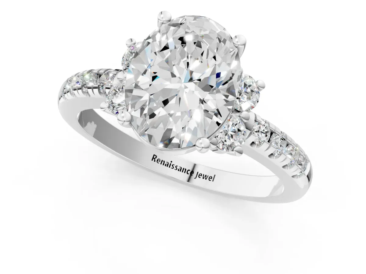 Oval Cut Diamond Three-Stone Pave Band with Four-Prong Setting Silver