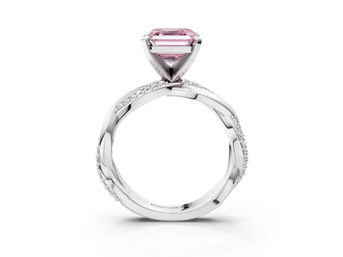Fancy Pink Asscher Cut Solitaire Twist Band with Pave Prong Setting Platinum