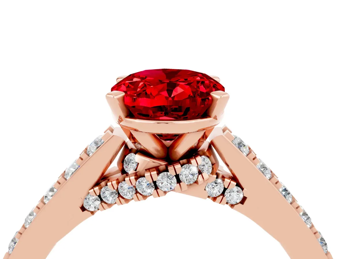 Oval Cut Ruby Solitaire Ring with Crossover Gallery and Round Pavé Band Rose gold