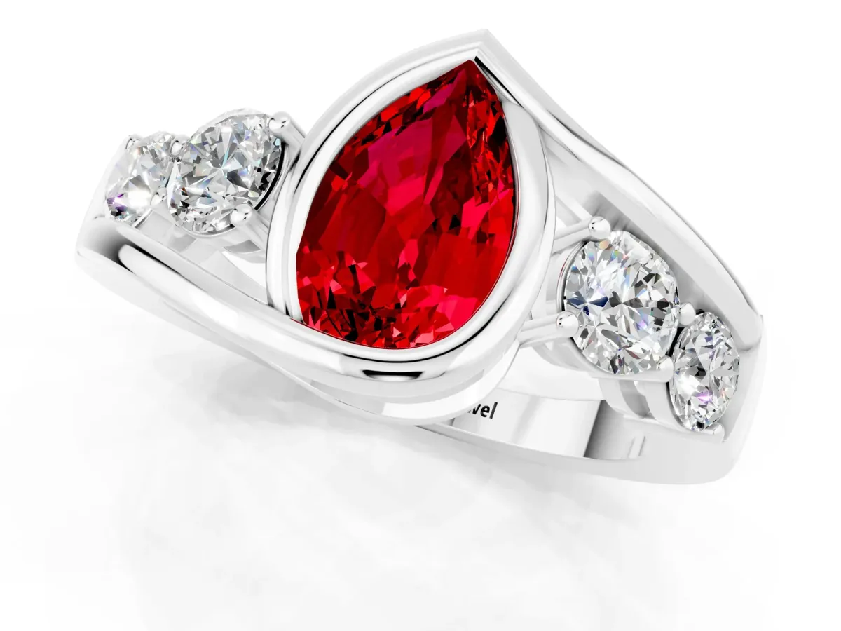 Bezel Set Pear Cut Ruby Bypass Ring with Round Accents Silver