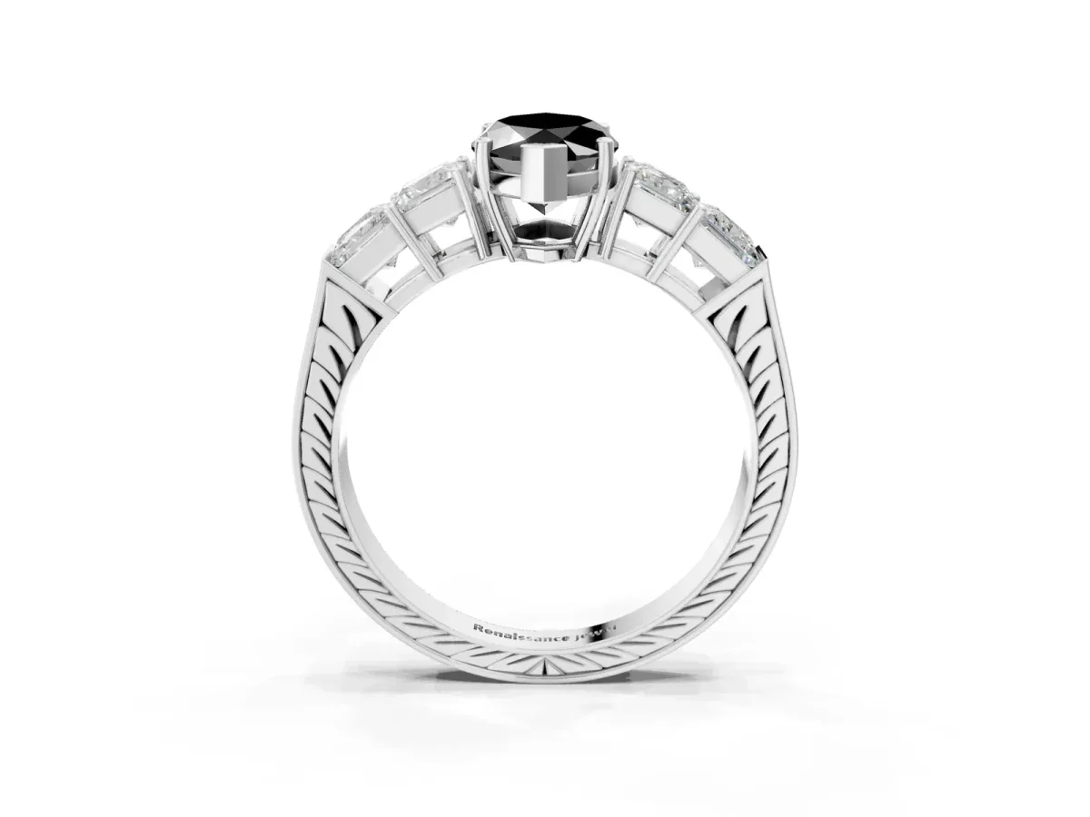 Fancy Black Marquise Cut Solitaire Princess Side Stone Engraved Band Prong Setting Ring Silver