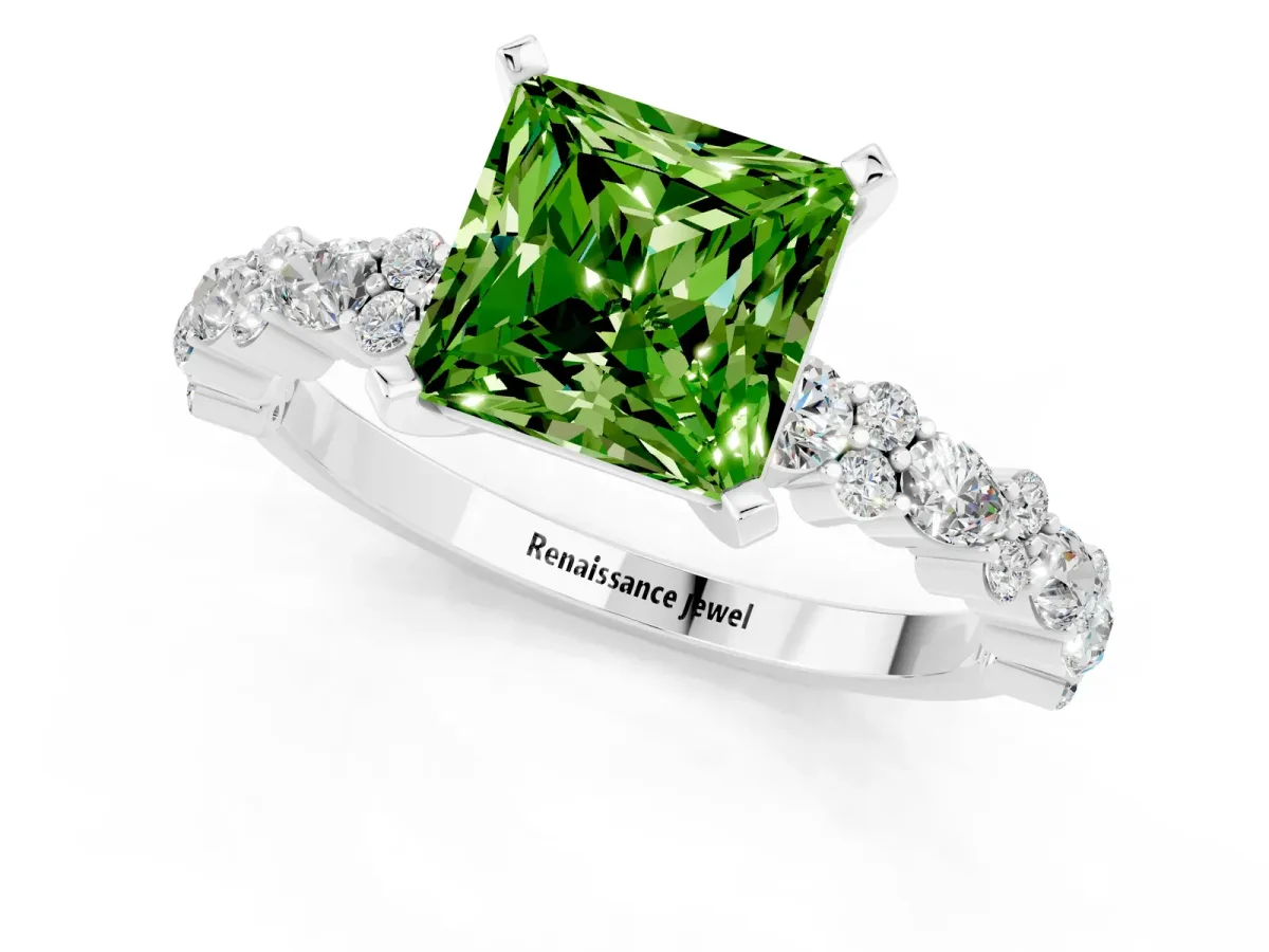 Princess Cut Peridot Side Stone Solitaire Ring with Round and Four-Prong Setting Platinum