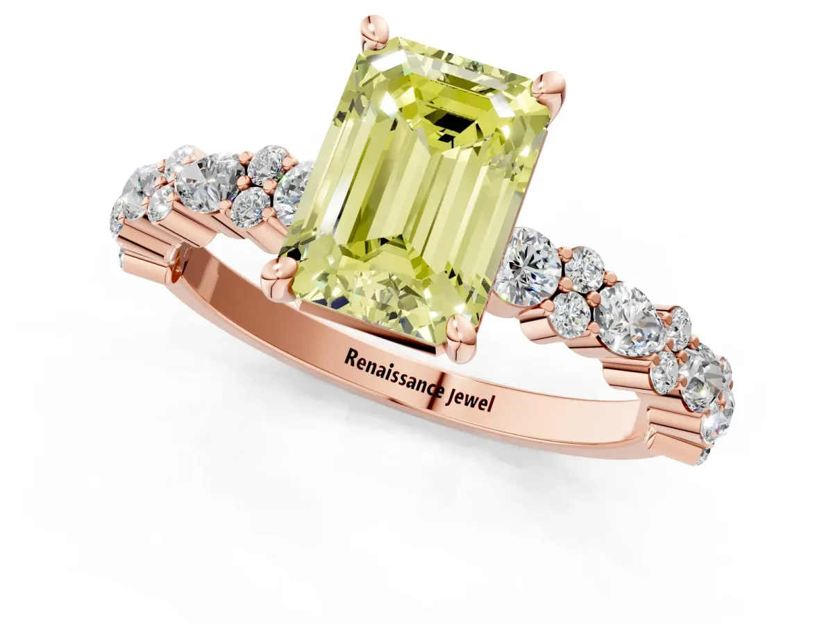 Fancy Yellow Emerald Cut Diamond Side Stone Solitaire Ring with Round and Four-Prong Setting Rose gold