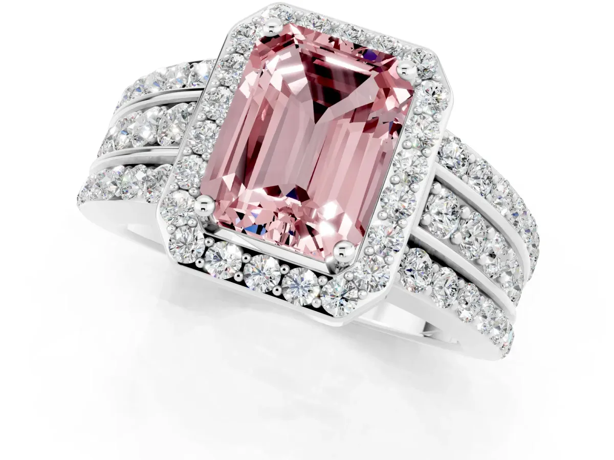 Emerald Cut Halo Morganite Ring with Round Split Shank and Prong Setting Platinum