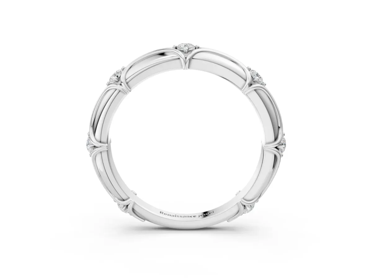 Round Diamond Prong Set Milgrain Eternity Band Silver