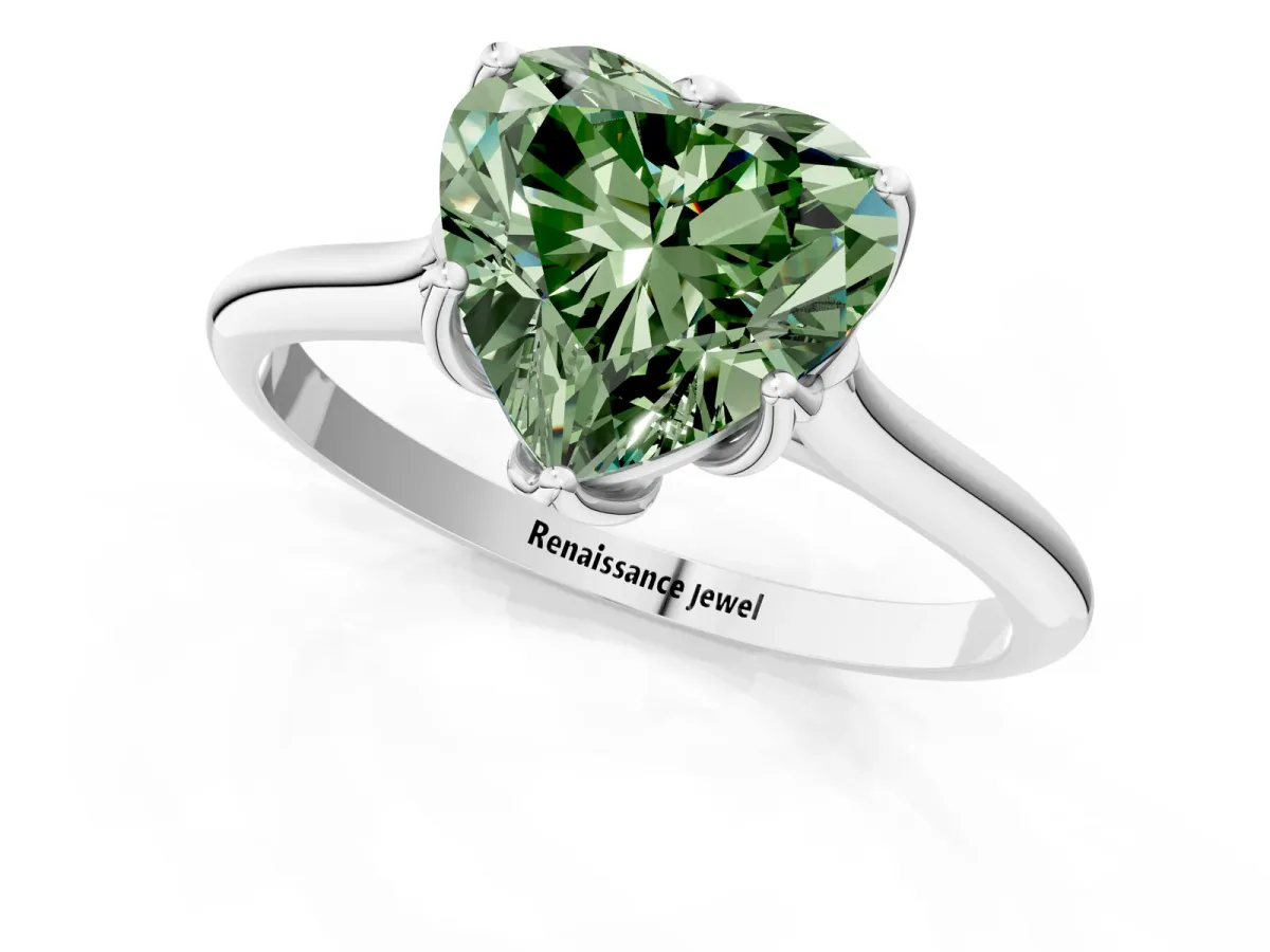 Fancy Green Heart Cut Solitaire Cathedral Diamond Ring with Six-Prong Setting Platinum