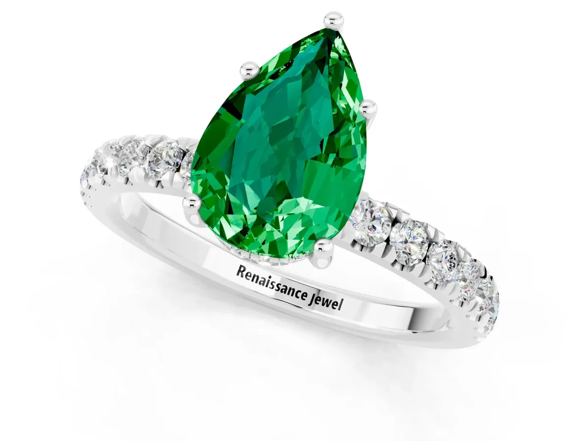 Pear Cut Emerald Pave Band Solitaire Ring with Round and Prong Setting White gold