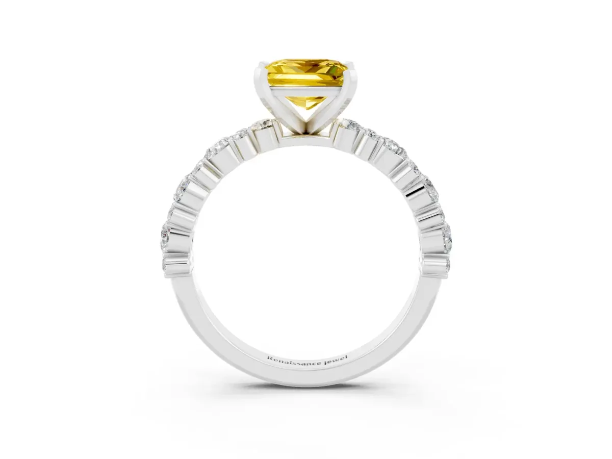 Princess Cut Yellow Sapphire Side Stone Solitaire Ring with Round and Four-Prong Setting Silver