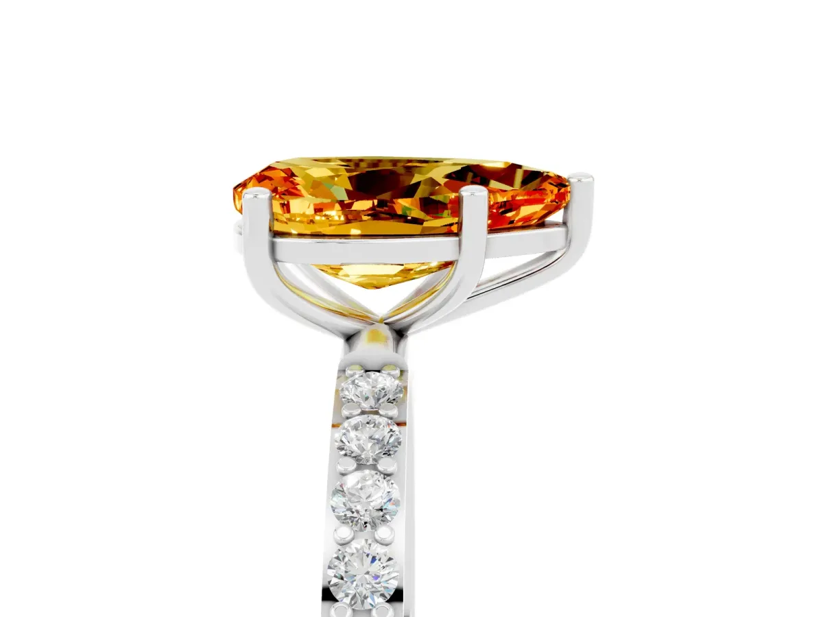 Pear Cut Citrine Solitaire Ring with Round Pavé Band and Prong Setting Silver