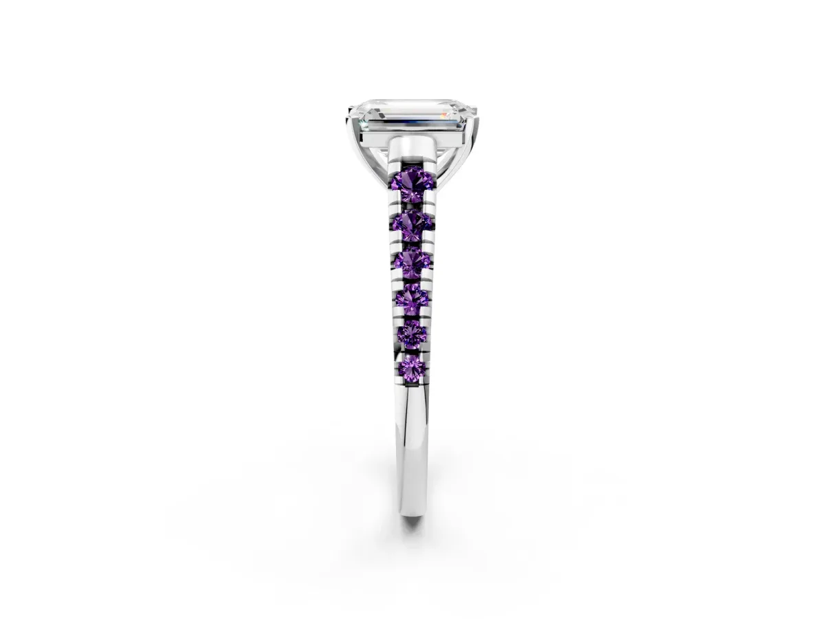 Emerald Cut Diamond Cathedral Solitaire Ring with Round Amethyst Pavé Band Platinum