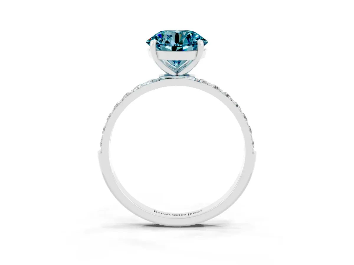 Round Cut Blue Topaz Solitaire Ring with Round Pavé Band and Prong Setting Silver