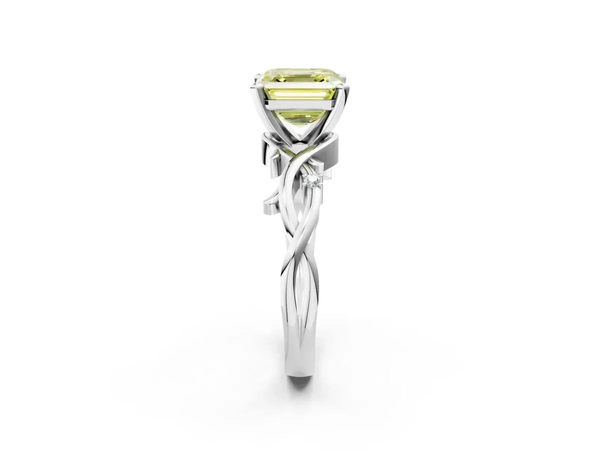 Fancy Yellow Asscher Cut Diamond Solitaire Ring with Twisted Band and Prong Setting Silver