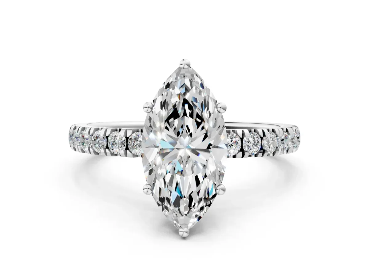Marquise Cut Diamond Pave Band Solitaire Ring with Round and Prong Setting Silver