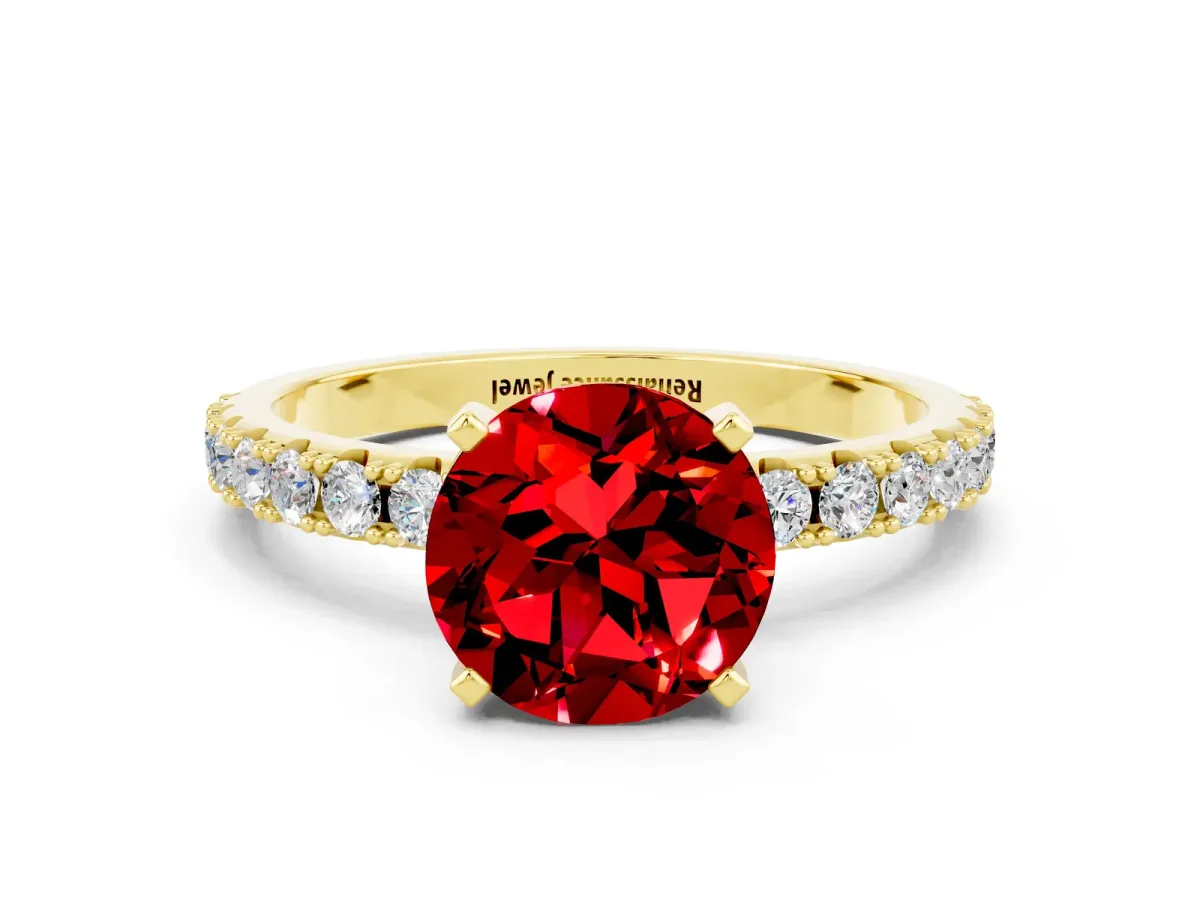 Round Cut Ruby Solitaire Pavé Band with Four-Prong Setting Yellow gold