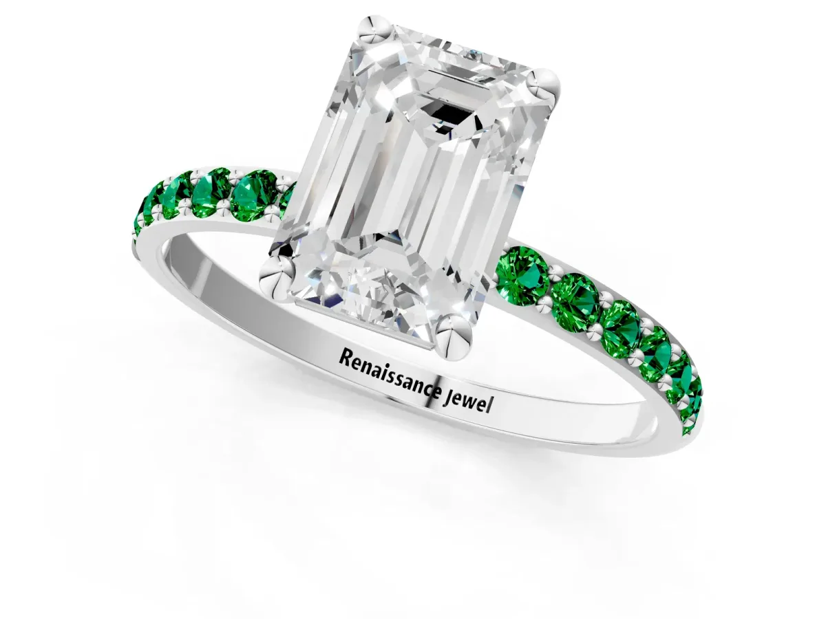 Emerald Cut Diamond Solitaire Ring with Round Emerald Pavé Band and Prong Setting Platinum