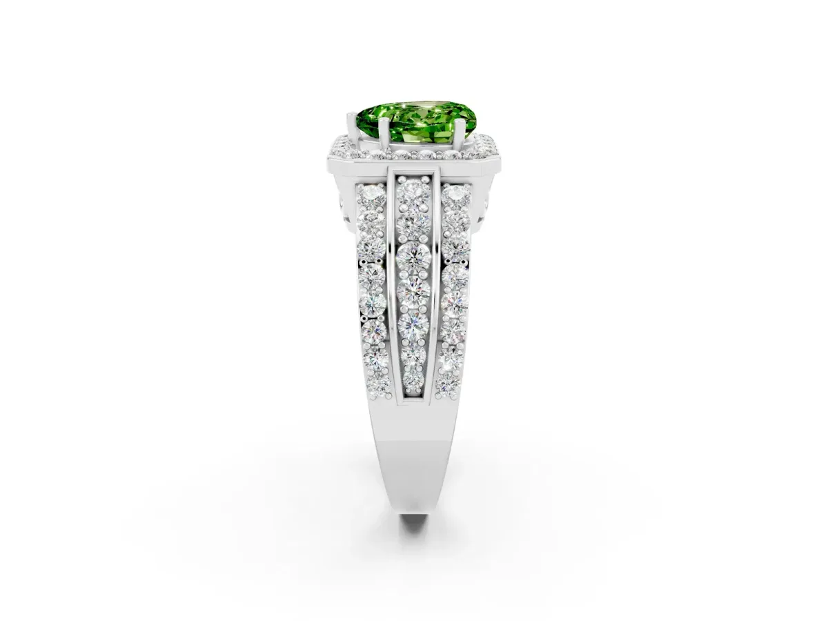 Heart Cut Halo Peridot Ring with Round Split Shank and Prong Setting Platinum