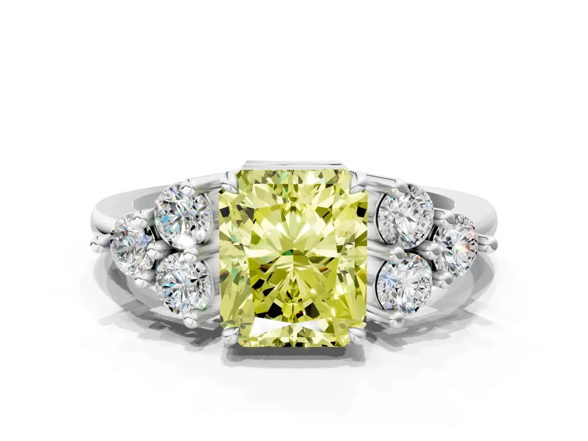 Fancy Yellow Radiant Cut Brilliant Diamond Cluster Accent Solitaire Ring with Prong Setting Platinum