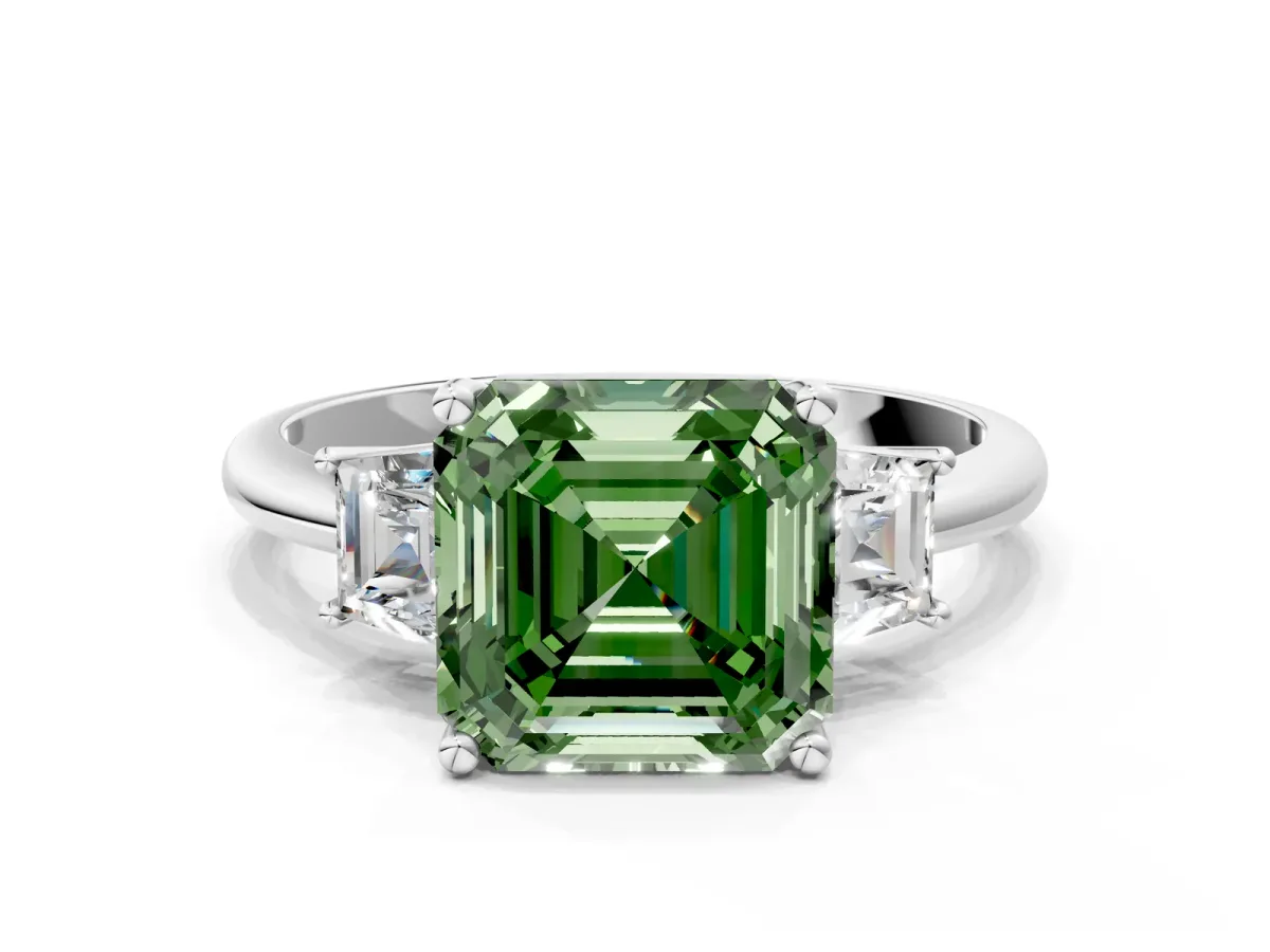 Fancy Green Asscher Cut Diamond Three-Stone Ring with Trapezoid Side Stones and Prong Setting Platinum