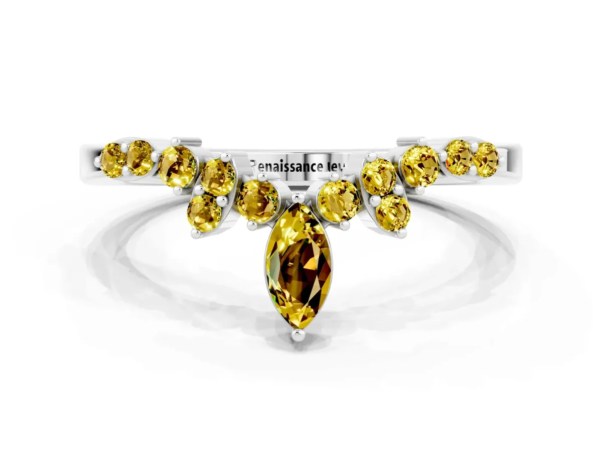 Marquise and Round Yellow Sapphire Chevron Band with Prong Setting Silver