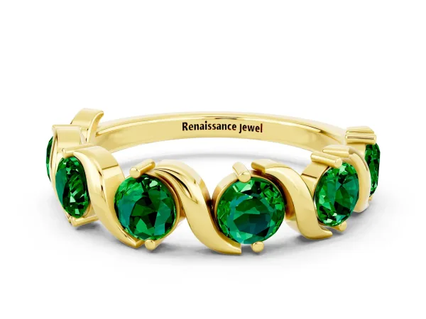 Round Emerald Half Eternity Band with Wave Prong Setting Yellow gold