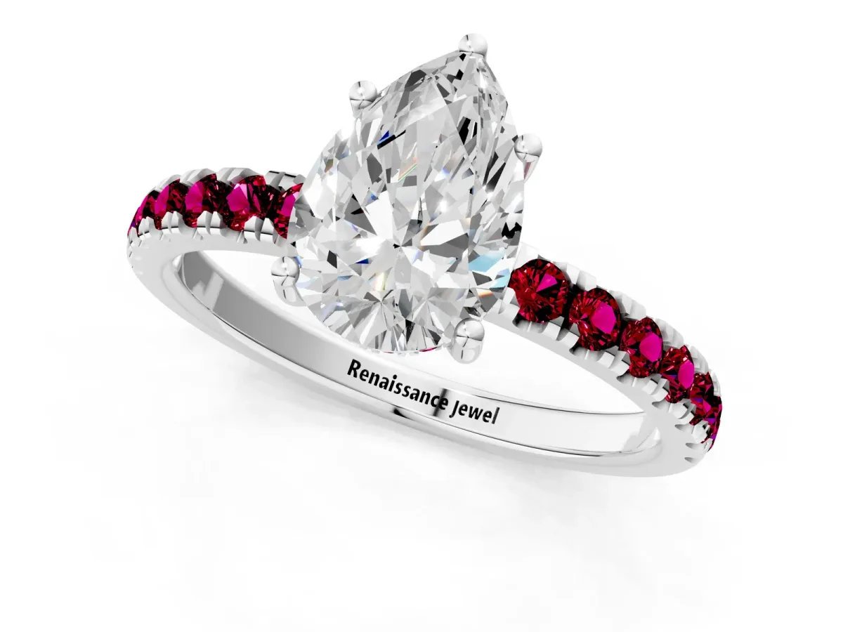 Pear Cut Diamond Pave Band Solitaire Ring with Round Garnet and Prong Setting Silver