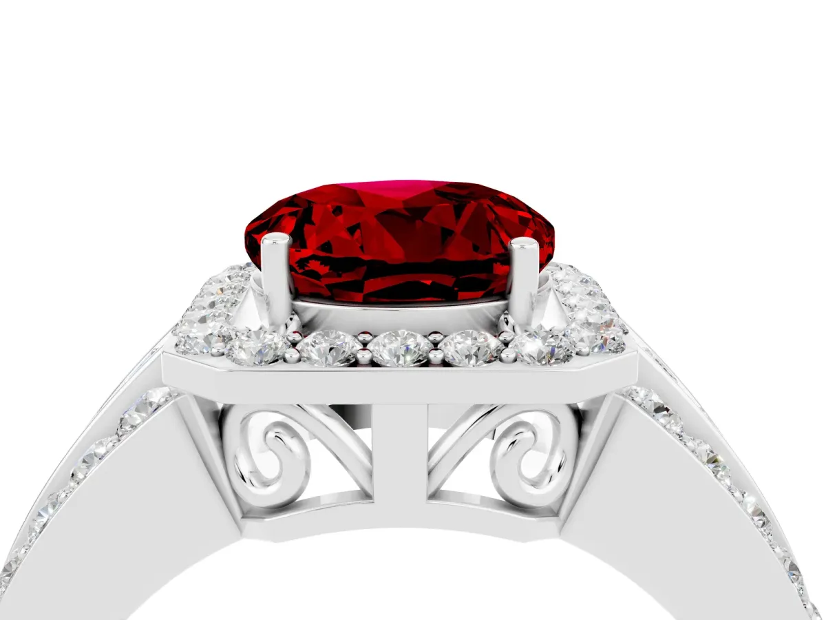 Round Cut Halo Ruby Ring with Round Split Shank and Prong Setting Platinum