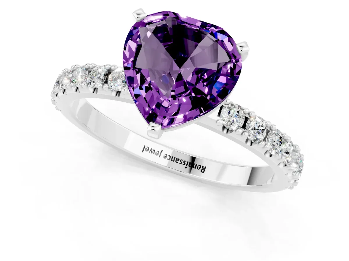 Heart Cut Amethyst Solitaire Pavé Band with Four-Prong Setting Silver
