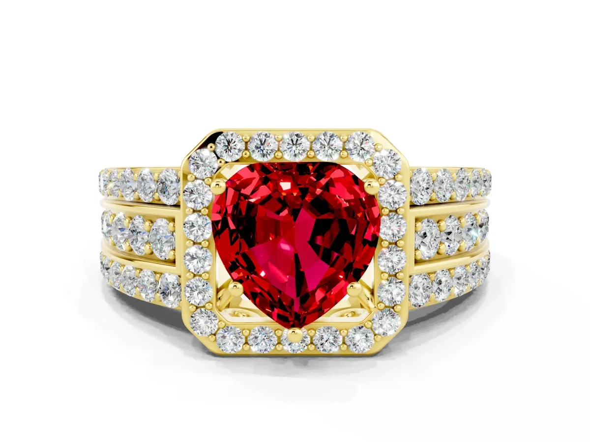 Heart Cut Halo Ruby Ring with Round Split Shank and Prong Setting Yellow gold