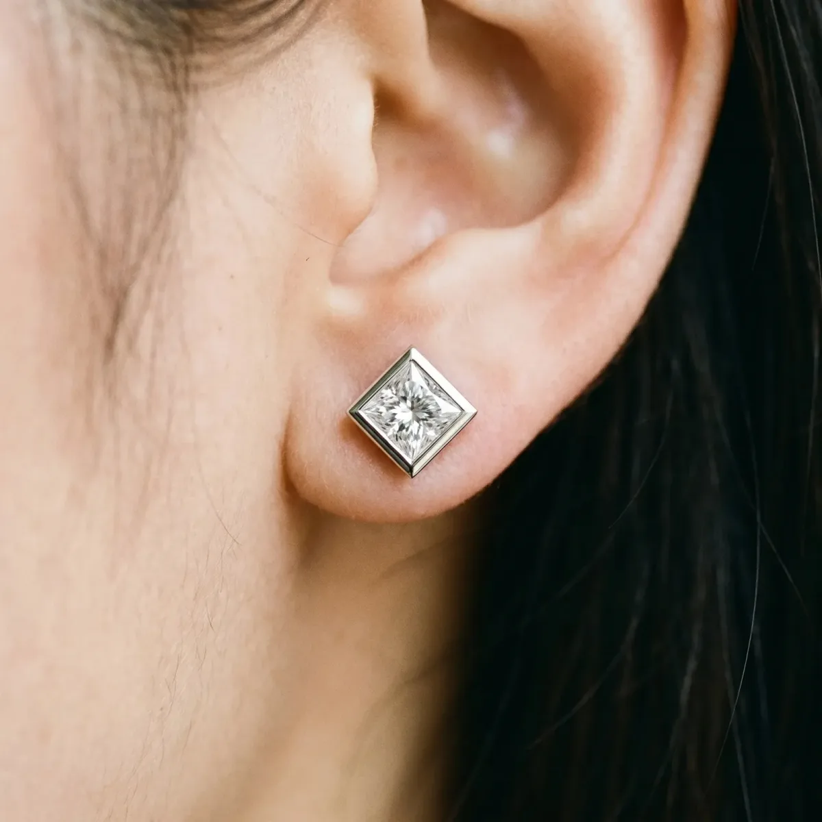 Princess Cut Bezel Set Diamond Stud Earrings Silver