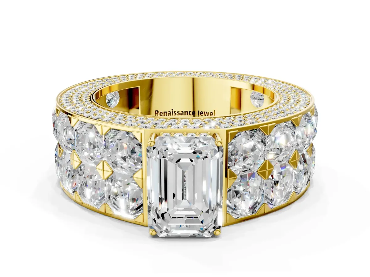 Emerald Cut Diamond Radiant Pavé Mens Ring Yellow gold