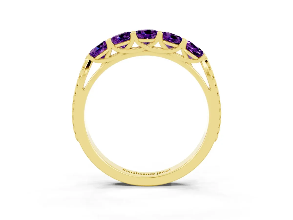 Five-Stone Round Amethyst Prong-Set Band Yellow gold
