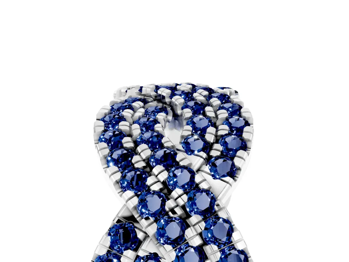 Pavé Round Blue Sapphire Infinity Twist Band with Shared Prong Setting Platinum