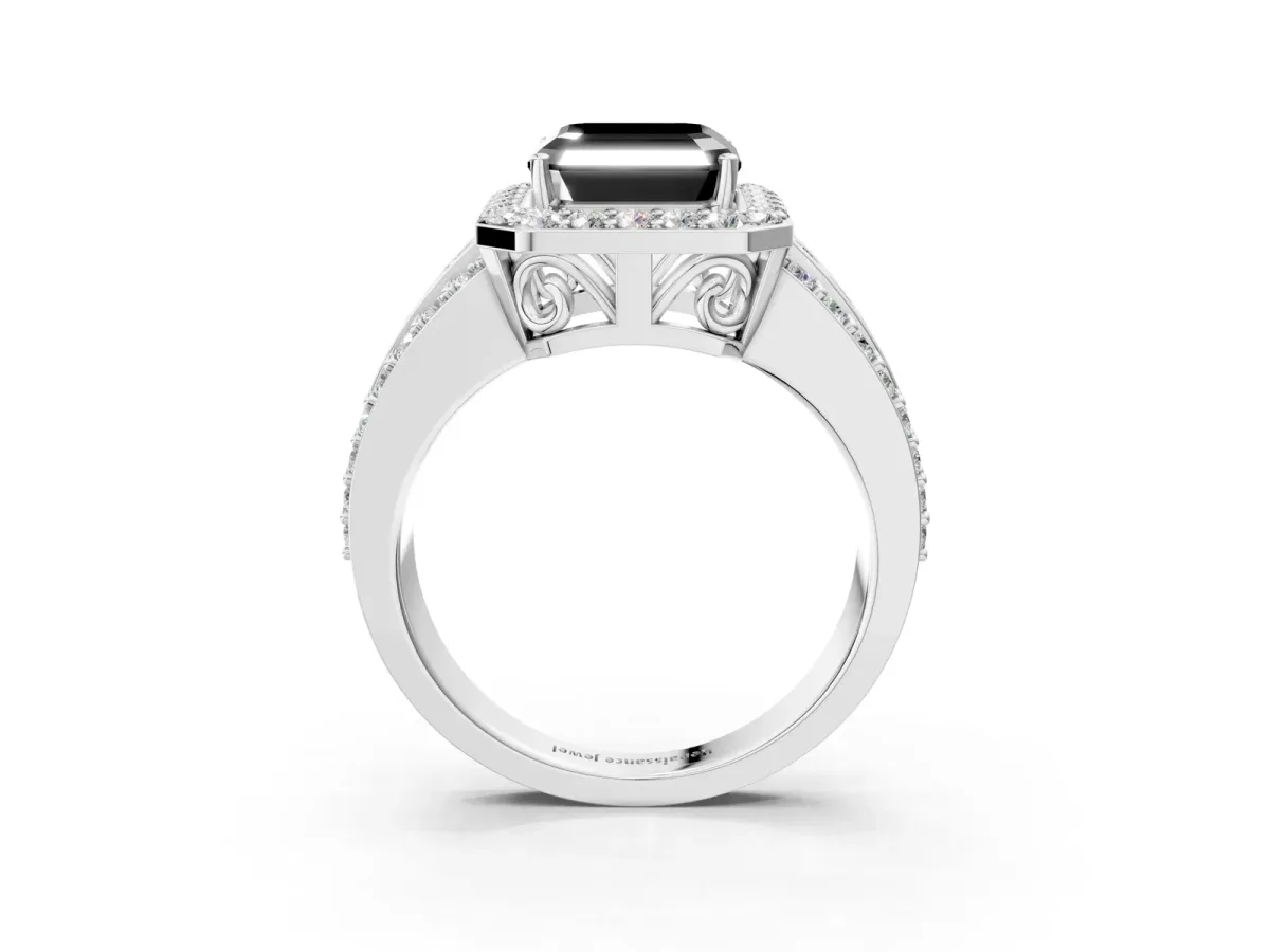 Fancy Black Asscher Cut Halo Diamond Ring with Round Split Shank and Prong Setting White gold