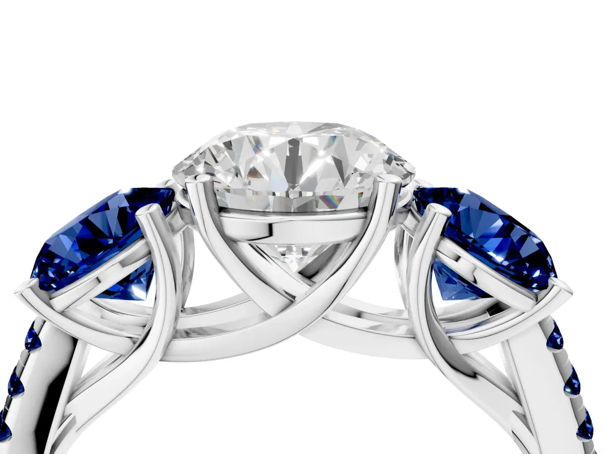 Three-Stone Round Cut Diamond Ring with Round Blue Sapphire Pavé Band and Prong Setting Silver