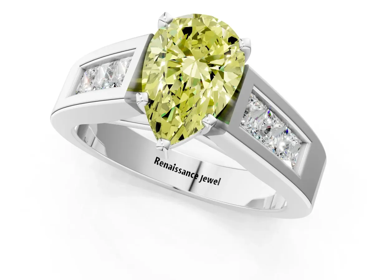 Fancy Yellow Pear Cut Cut Channel Set Solitaire Ring with Four-Prong Setting Silver