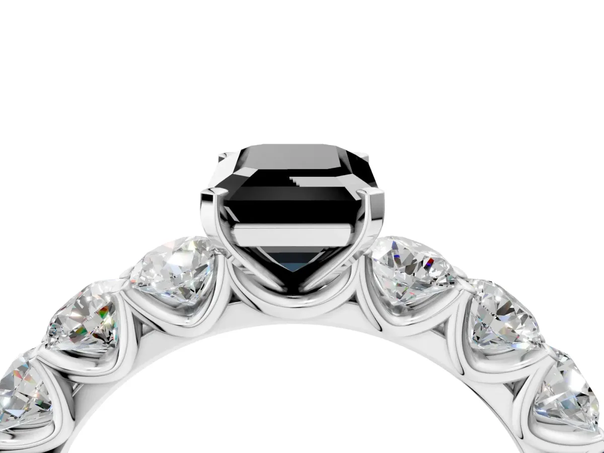 Fancy Black Emerald Cut Diamond Prong Setting with Side Stones on a Pave Band Platinum