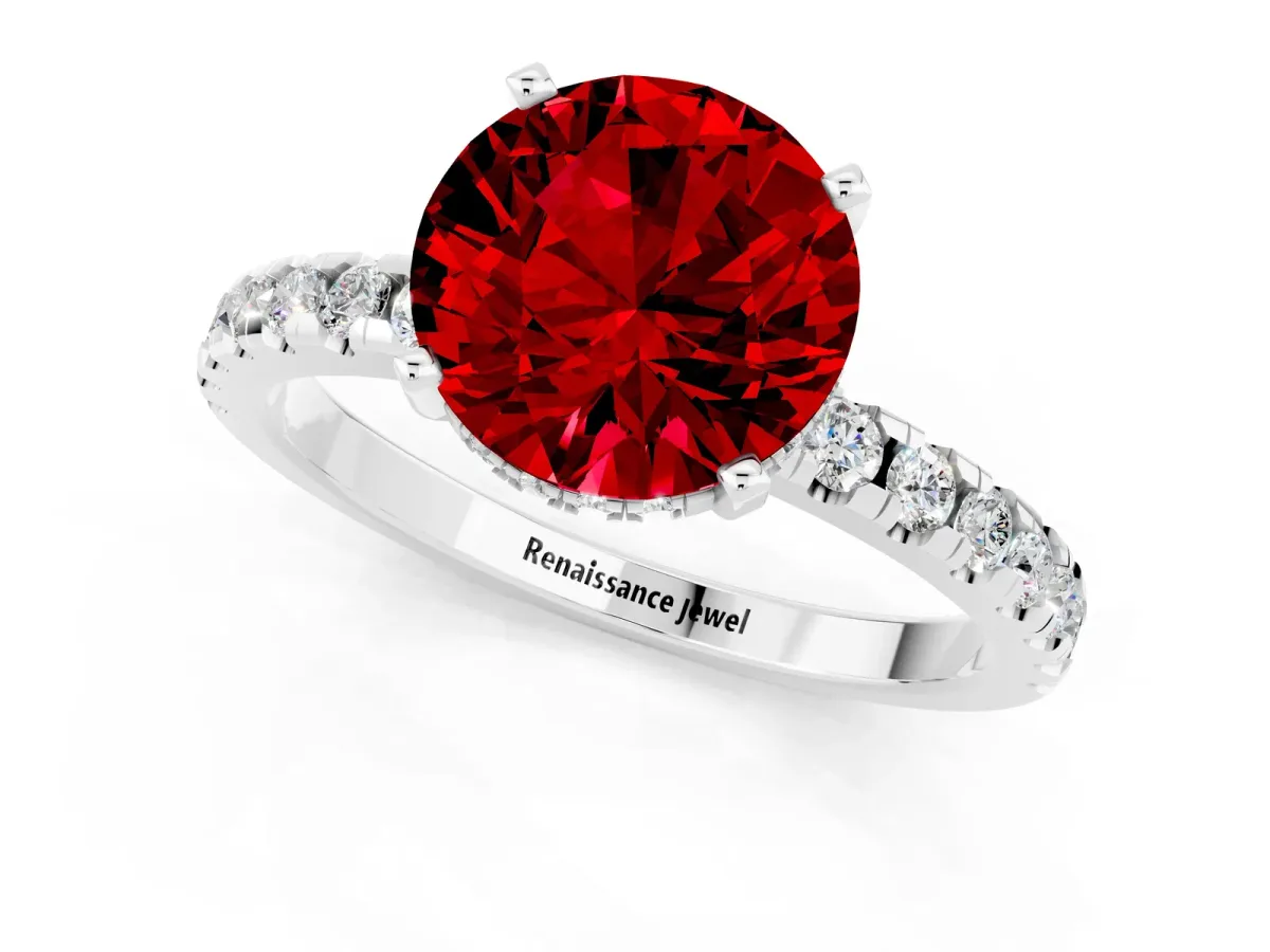 Round Cut Ruby Solitaire Ring with Round Pavé Band and Four-Prong Setting Platinum