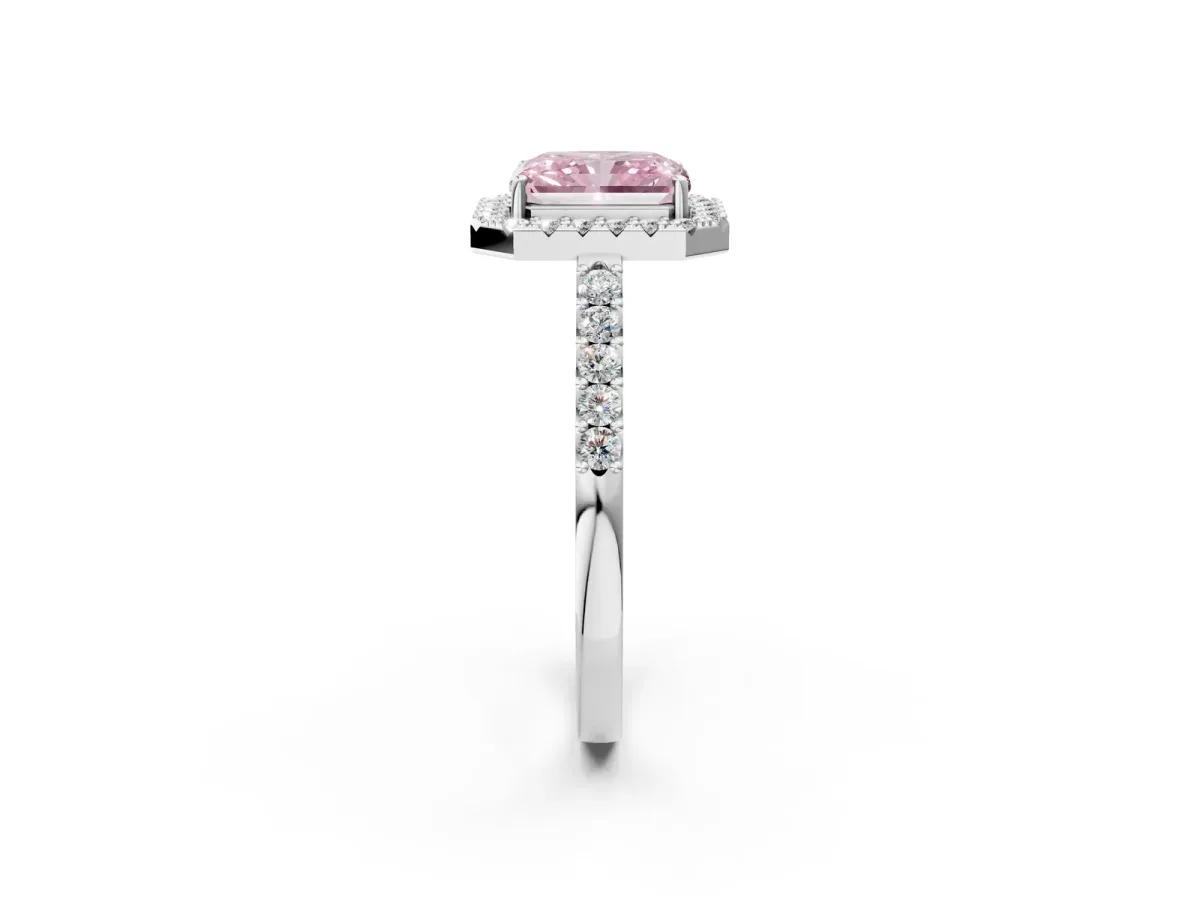 Fancy Pink Radiant Cut Halo Diamond Pavé Solitaire Ring Platinum