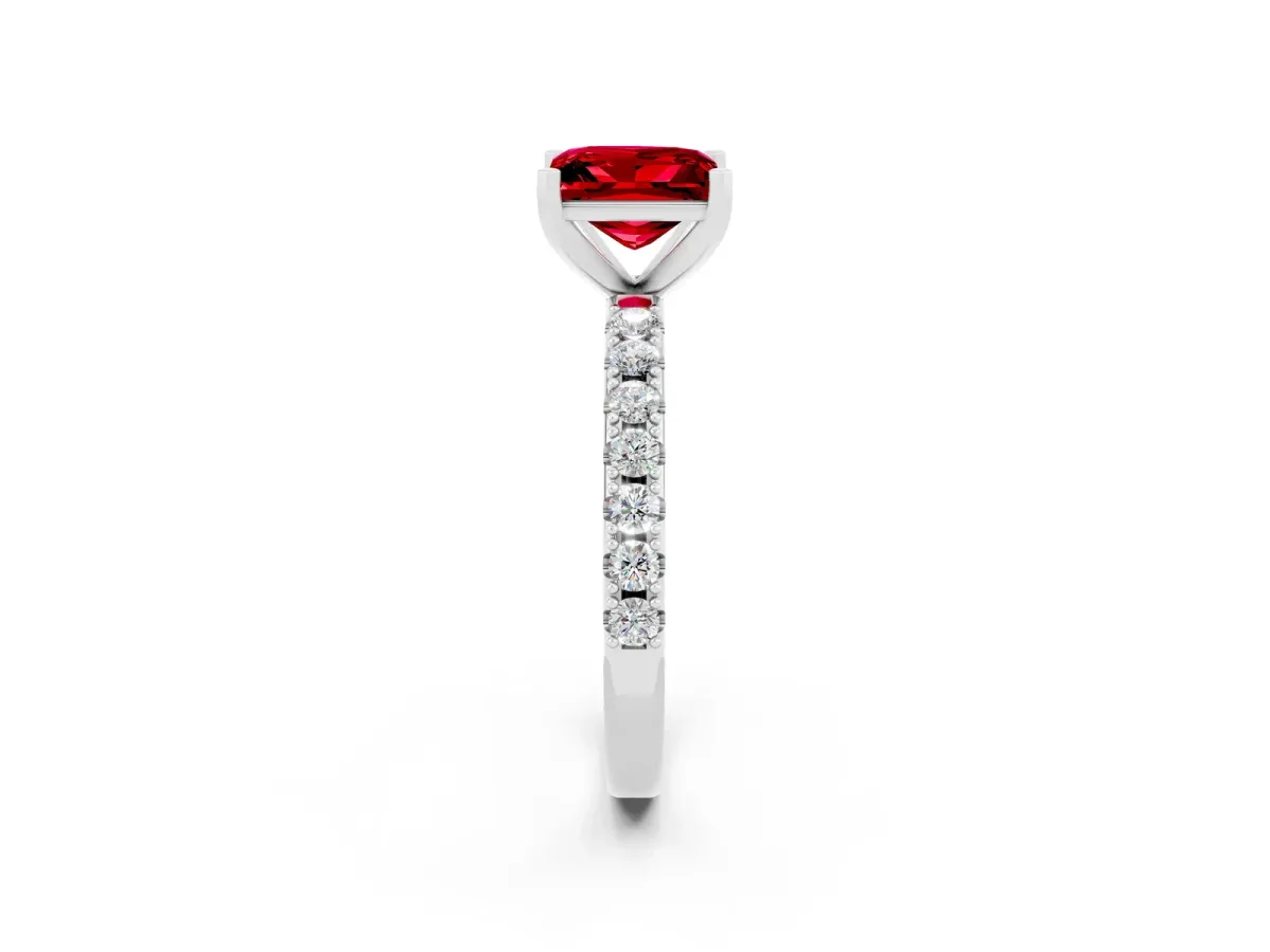 Princess Cut Ruby Solitaire Pavé Band with Four-Prong Setting Silver