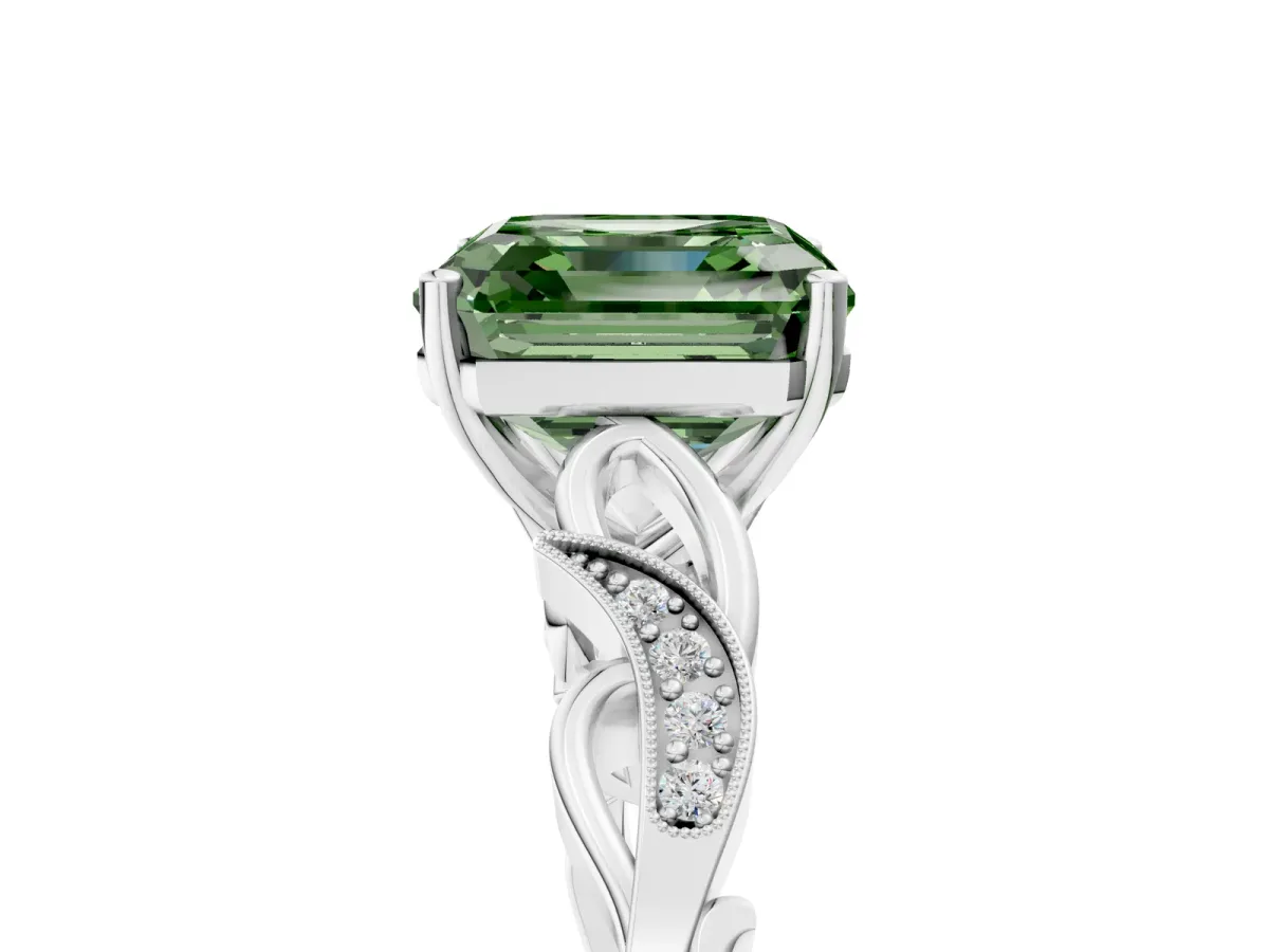 Fancy Green Asscher Cut Solitaire Vine Band with Milgrain Prong Setting Platinum