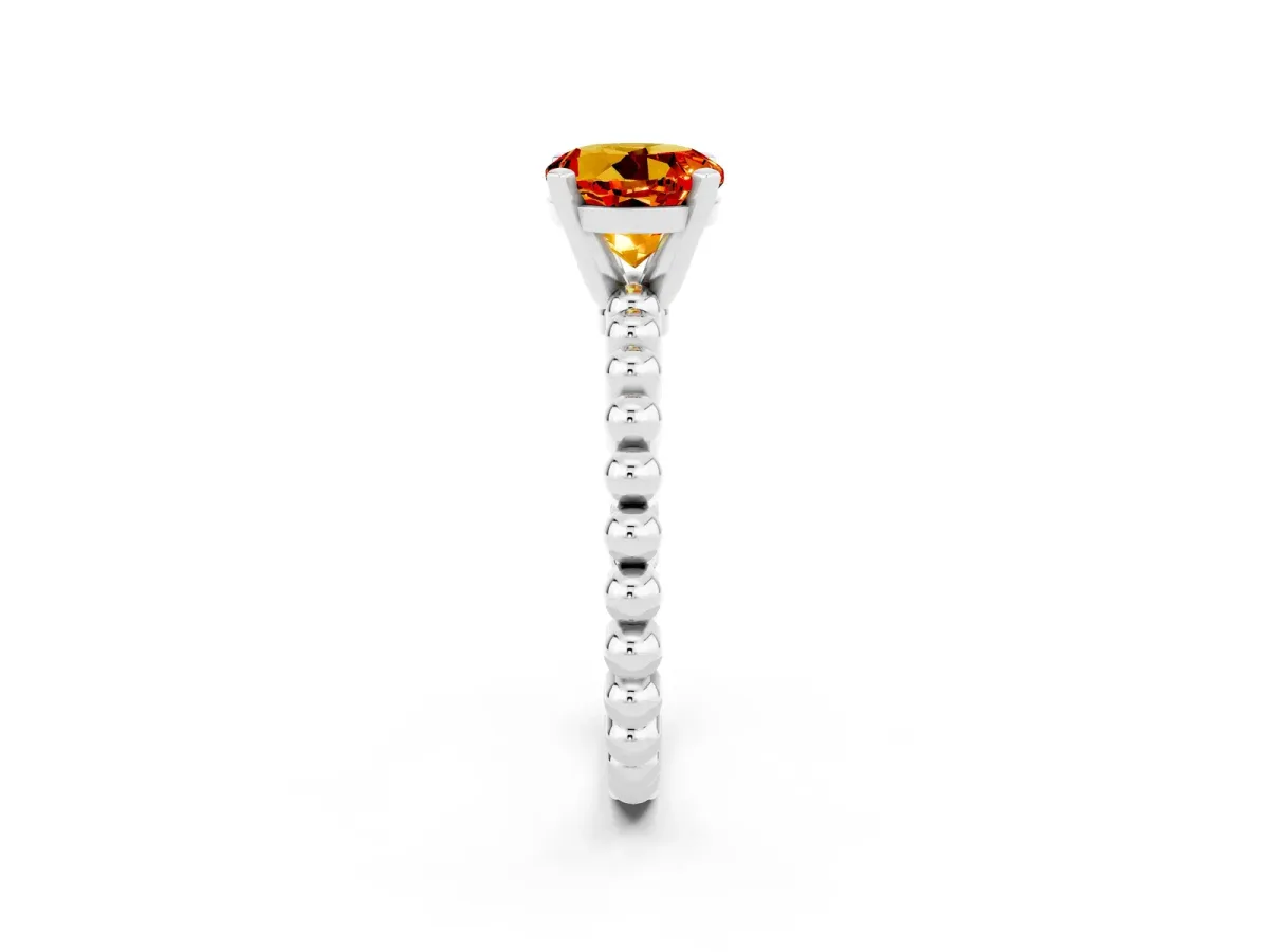 Round Cut Citrine Solitaire Ring with Beaded Band and Prong Setting Platinum