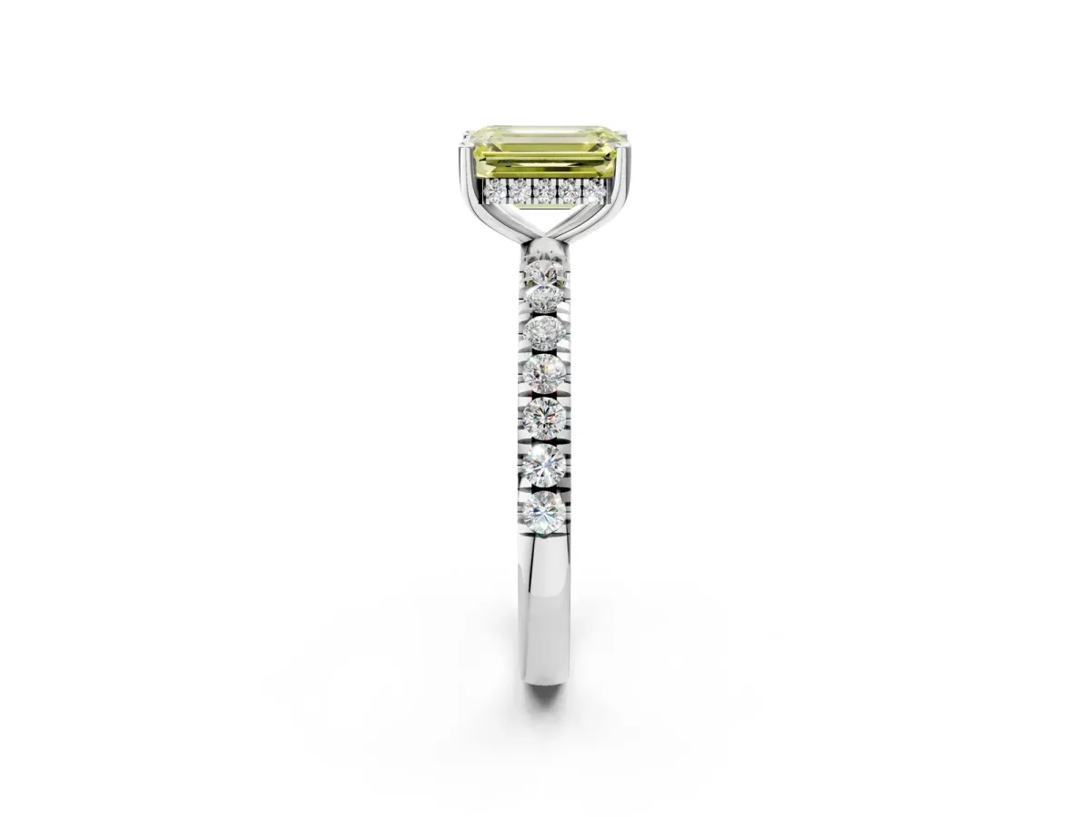 Fancy Yellow Emerald Cut Diamond Pave Band Solitaire Ring with Round and Prong Setting Platinum