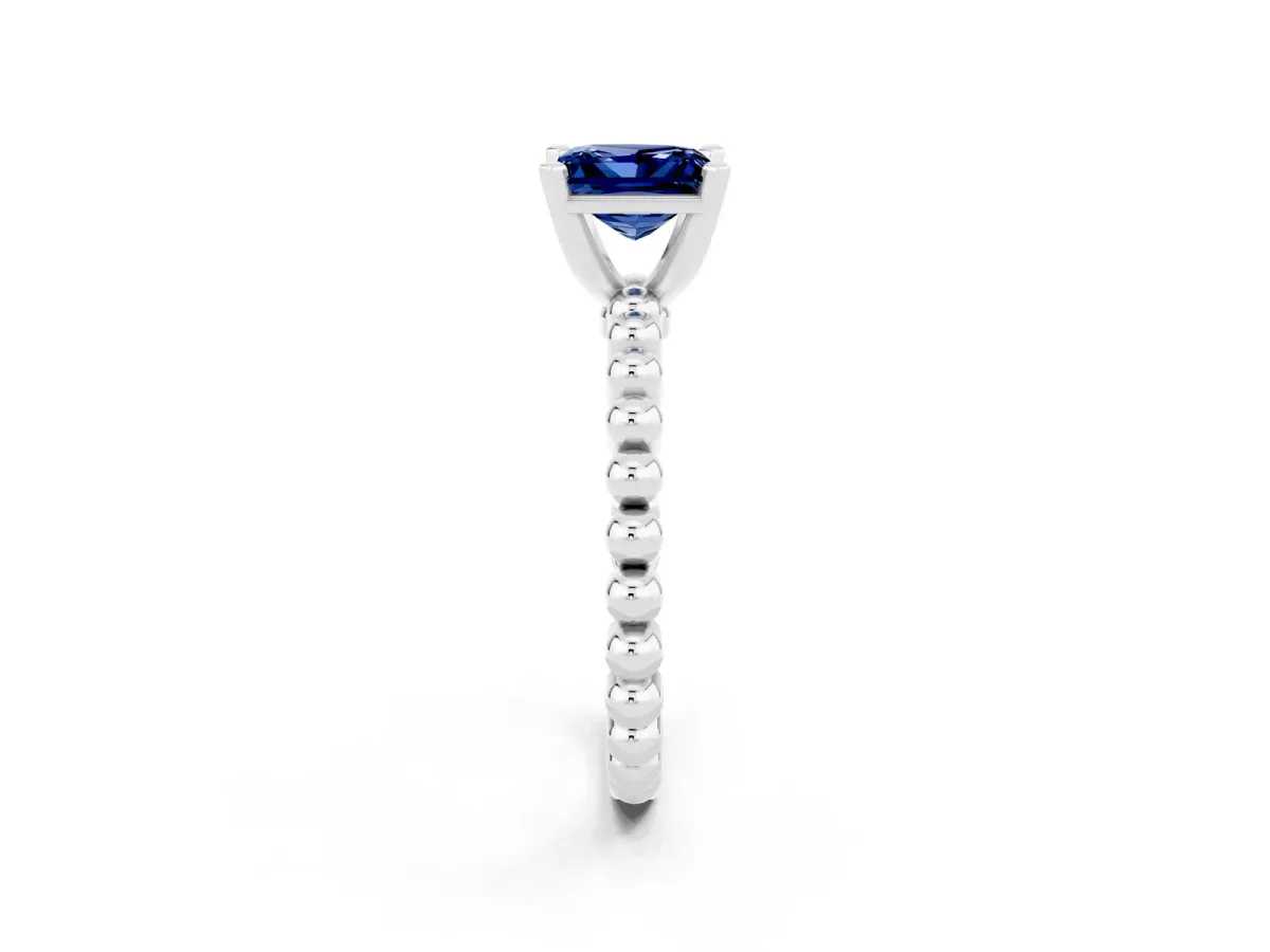 Princess Cut Blue Sapphire Solitaire Ring with Beaded Band and Prong Setting Platinum