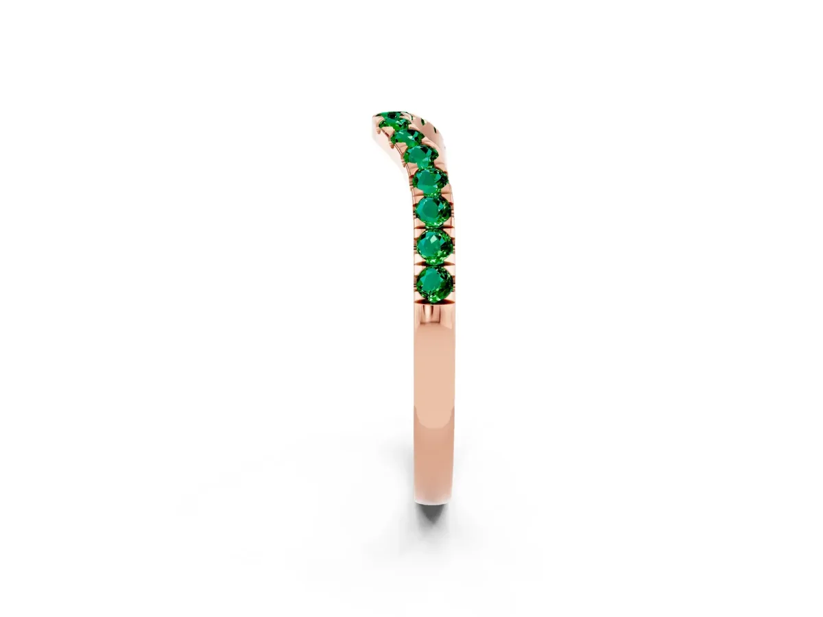 Curved Pavé Round Emerald Wedding Band with Shared Prong Setting Rose gold