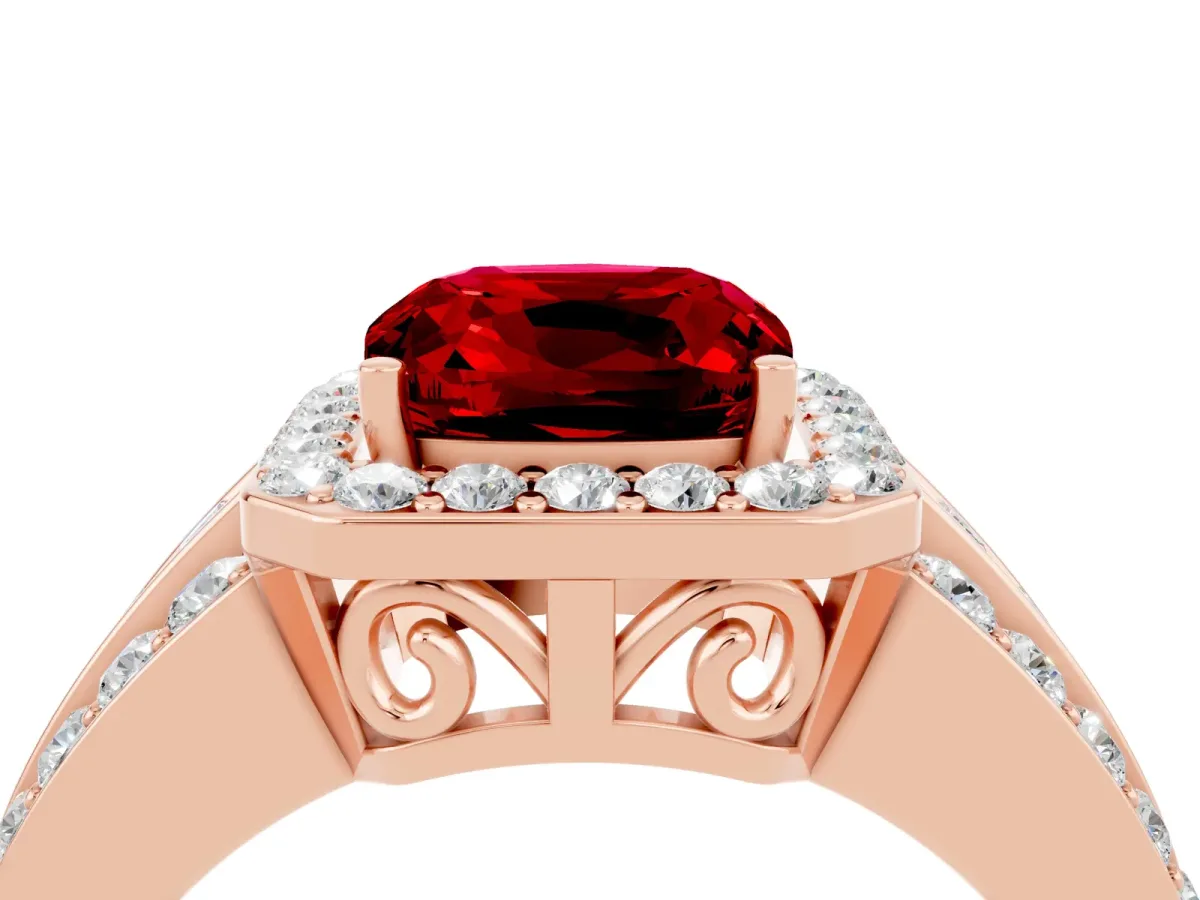 Cushion Cut Halo Ruby Ring with Round Split Shank and Prong Setting Rose gold