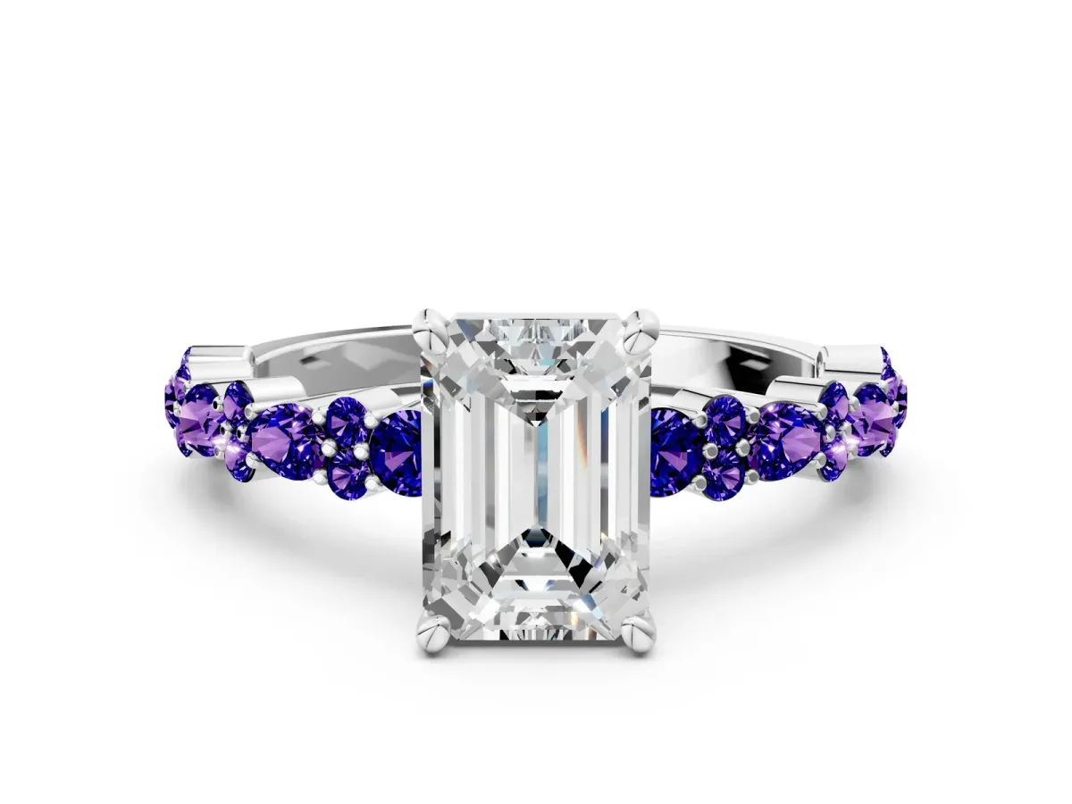 Emerald Cut Diamond Side Stone Solitaire Ring with Round Tanzanite and Four-Prong Setting Platinum
