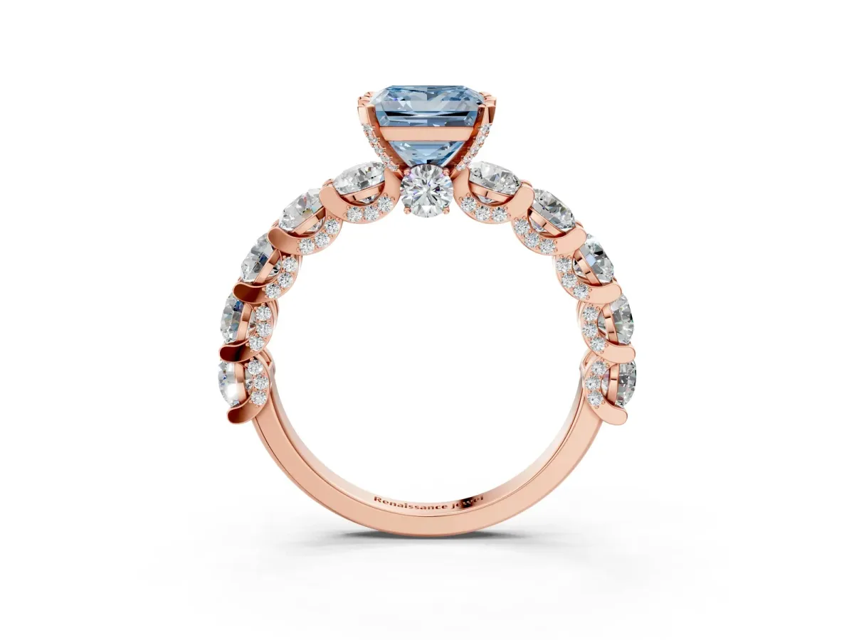 Fancy Blue Princess Cut Diamond Side Stone Engagement Ring with Four-Prong Setting Rose gold